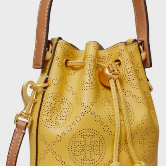 Tory Burch T Monogram Perforated Leather bucket MSRP$488 Statement Piece - Picture 9 of 15